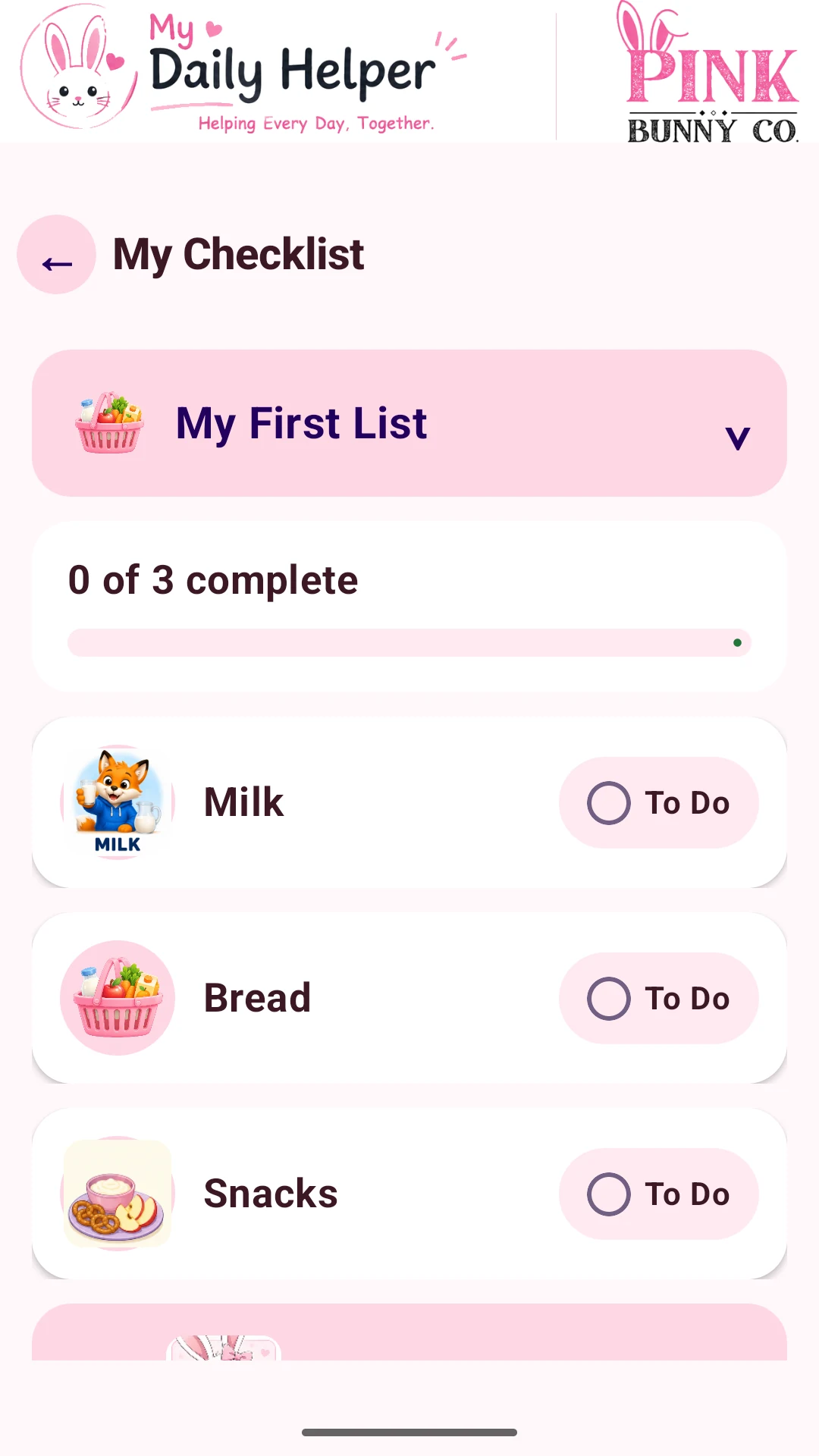 Actual My Daily Helper phone screen: Small steps, useful lists