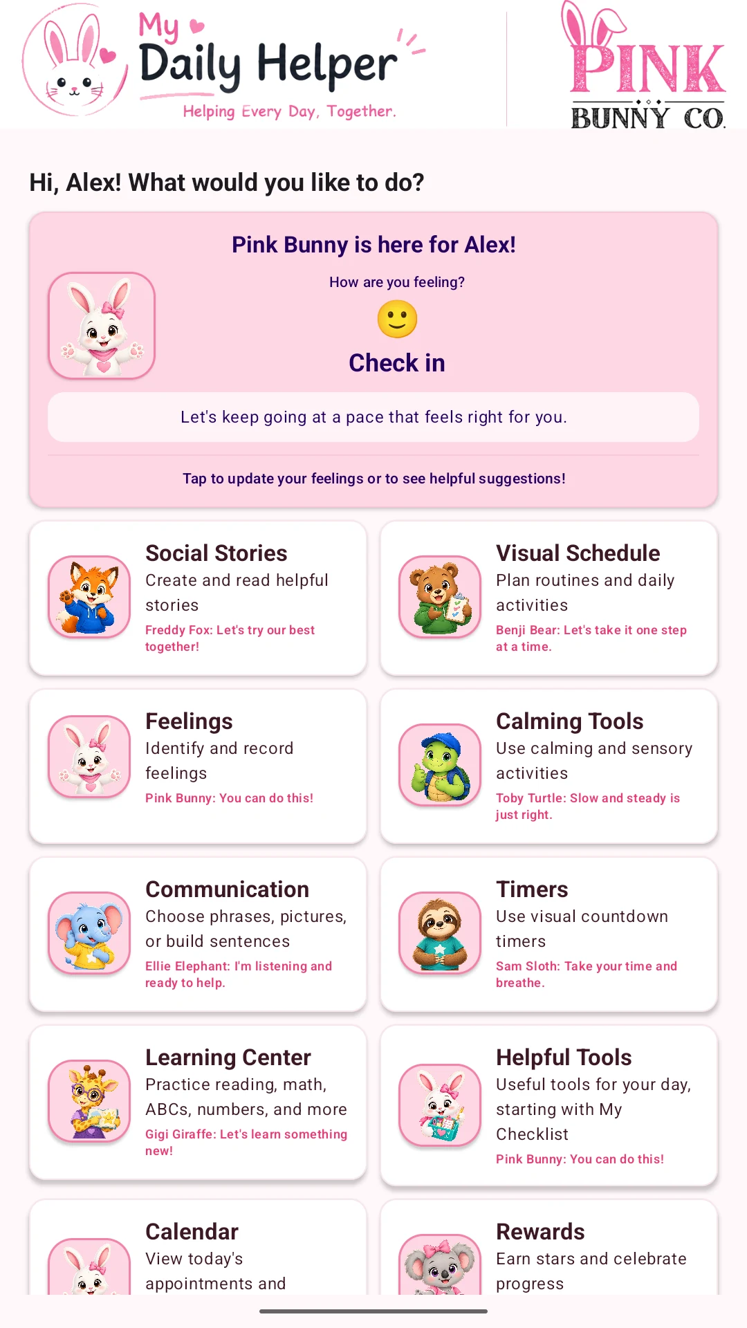 Actual My Daily Helper tablet screen: A friendly start