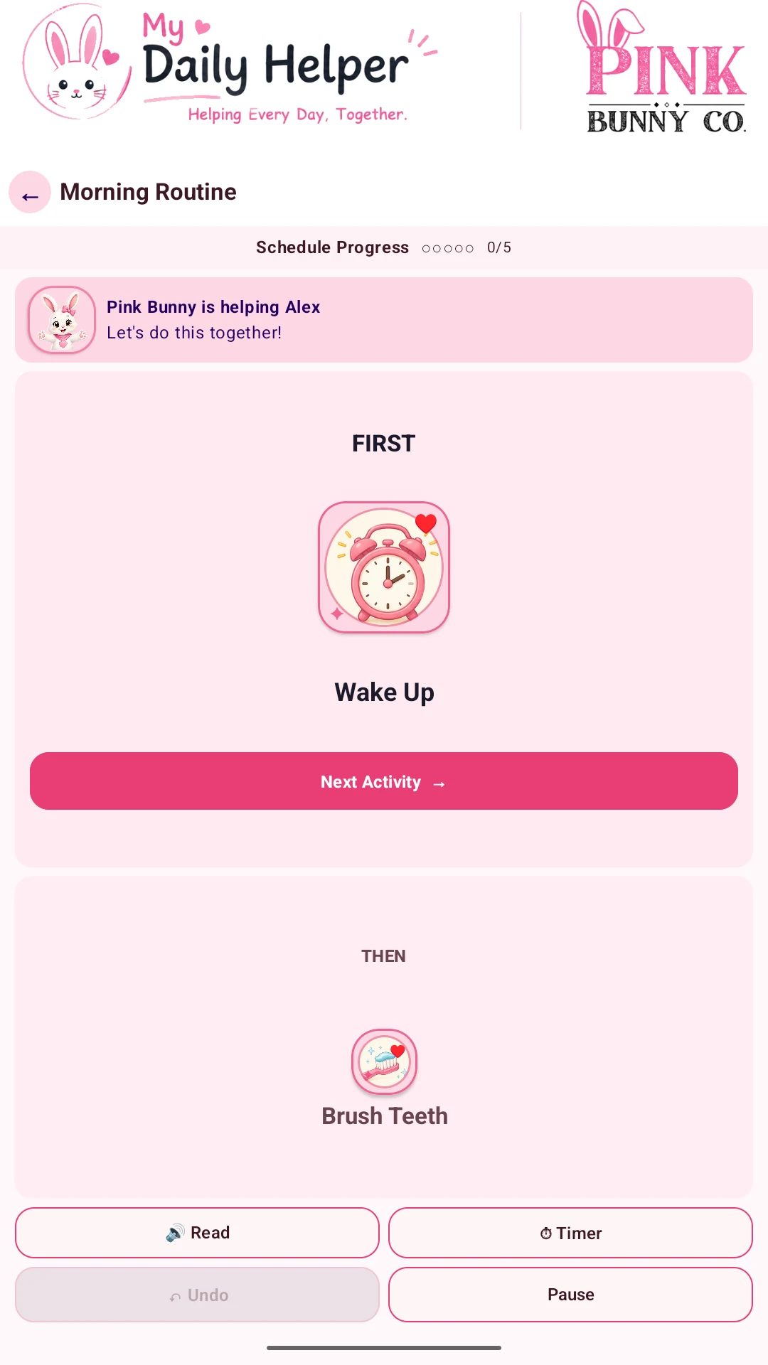 Actual My Daily Helper tablet screen: One step at a time