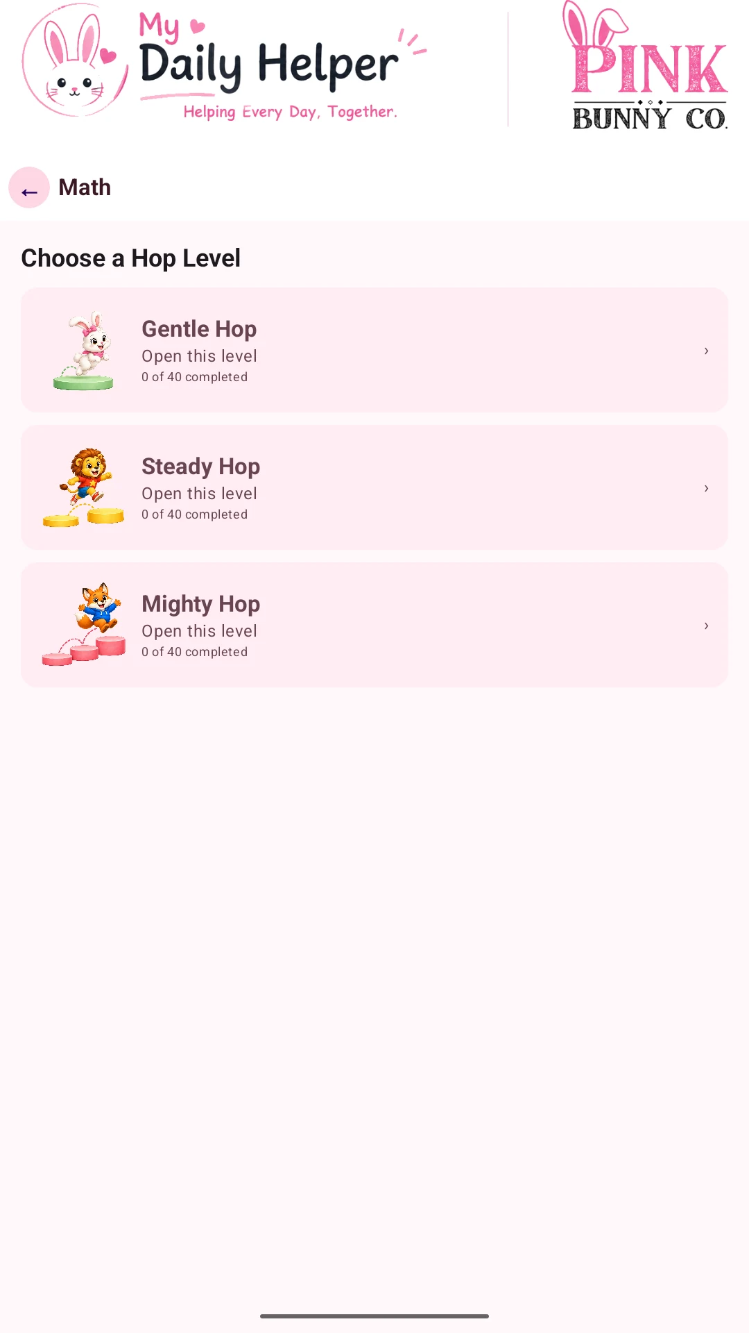 Actual My Daily Helper tablet screen: Choose a Hop Level