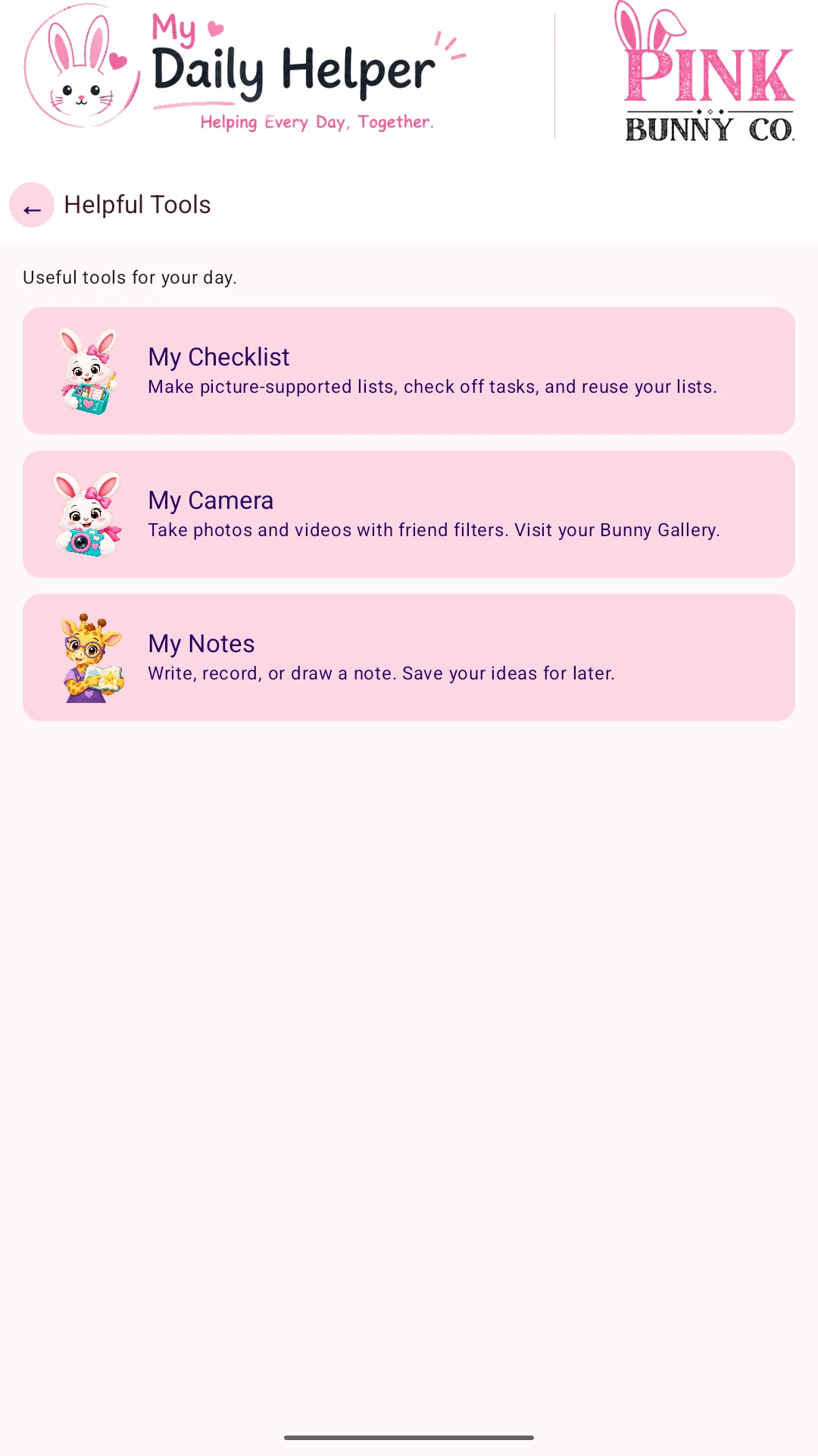 Actual My Daily Helper tablet screen: Useful everyday tools