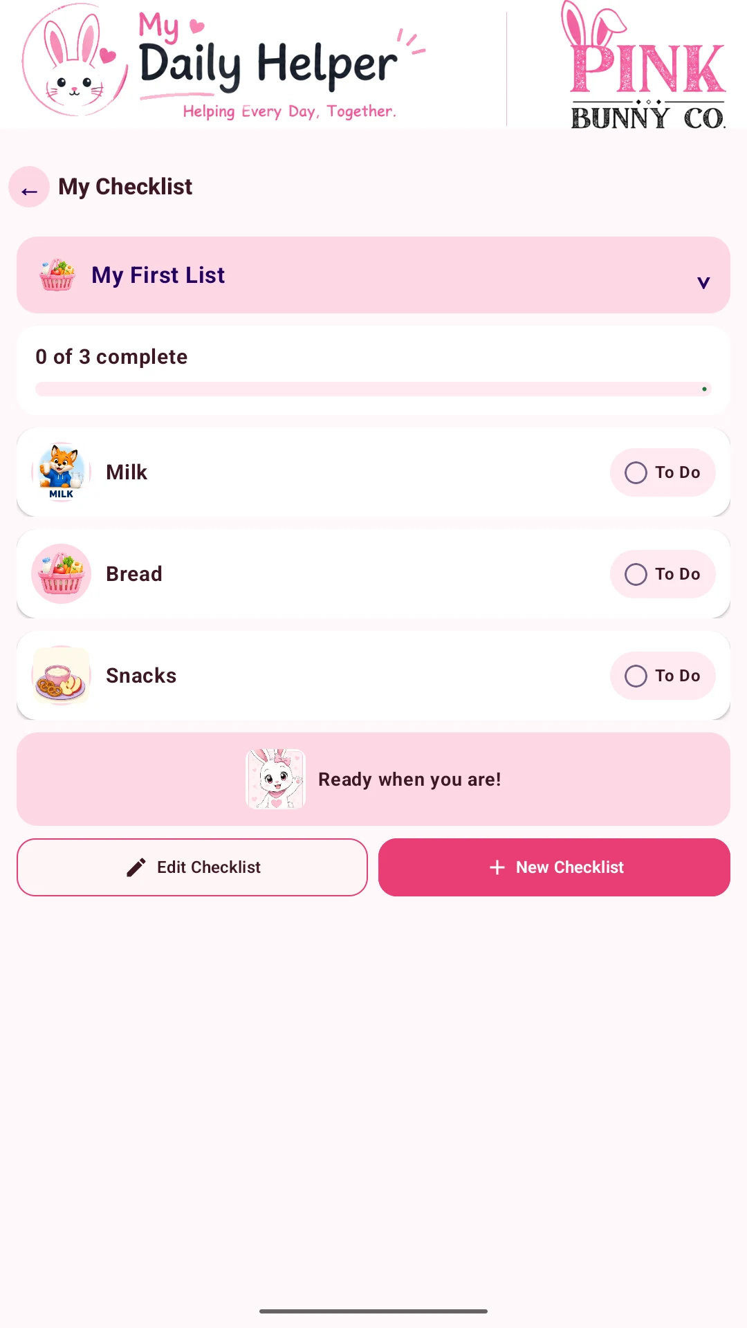 Actual My Daily Helper tablet screen: Small steps, useful lists