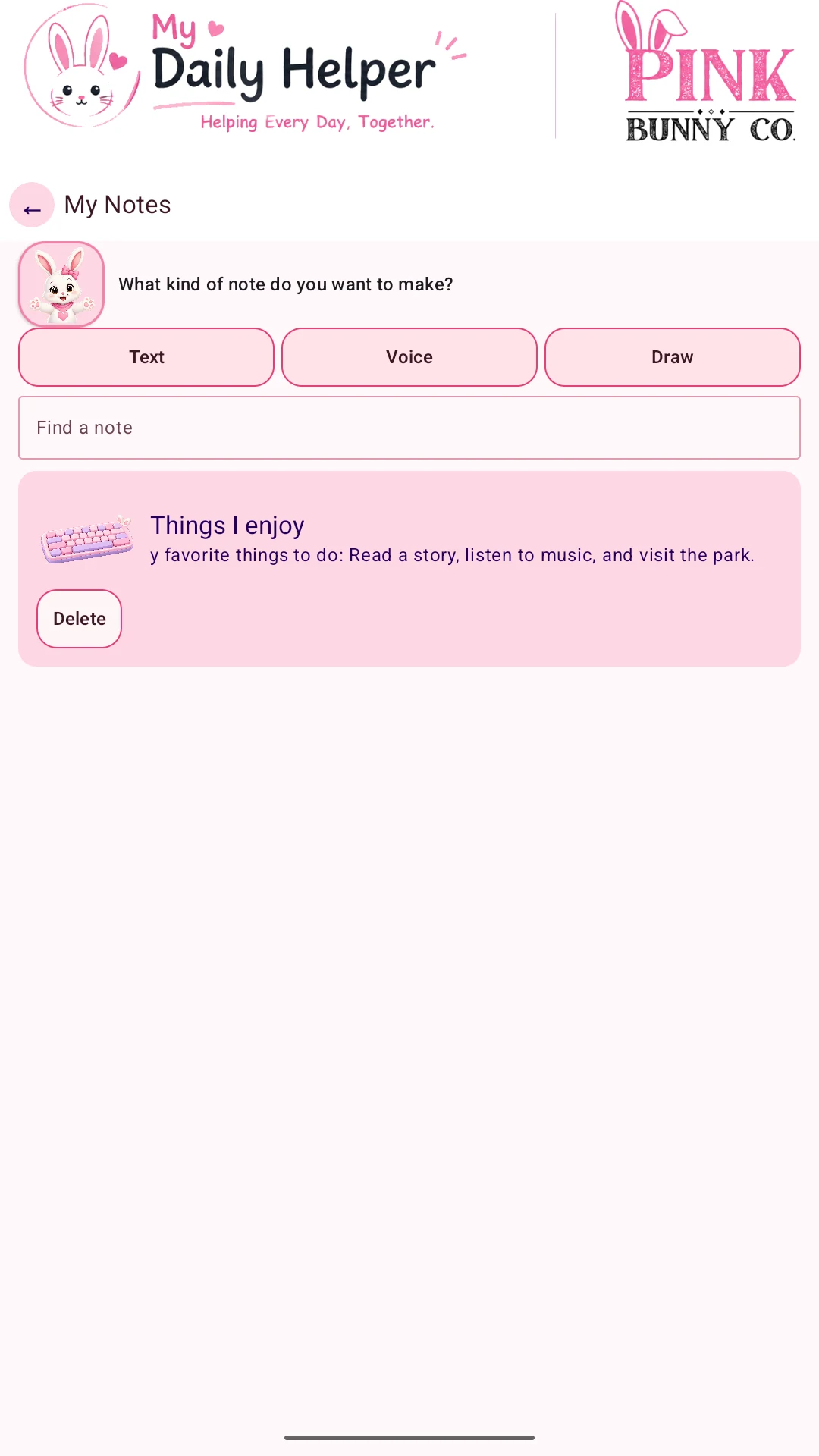Actual My Daily Helper tablet screen: Keep an idea close