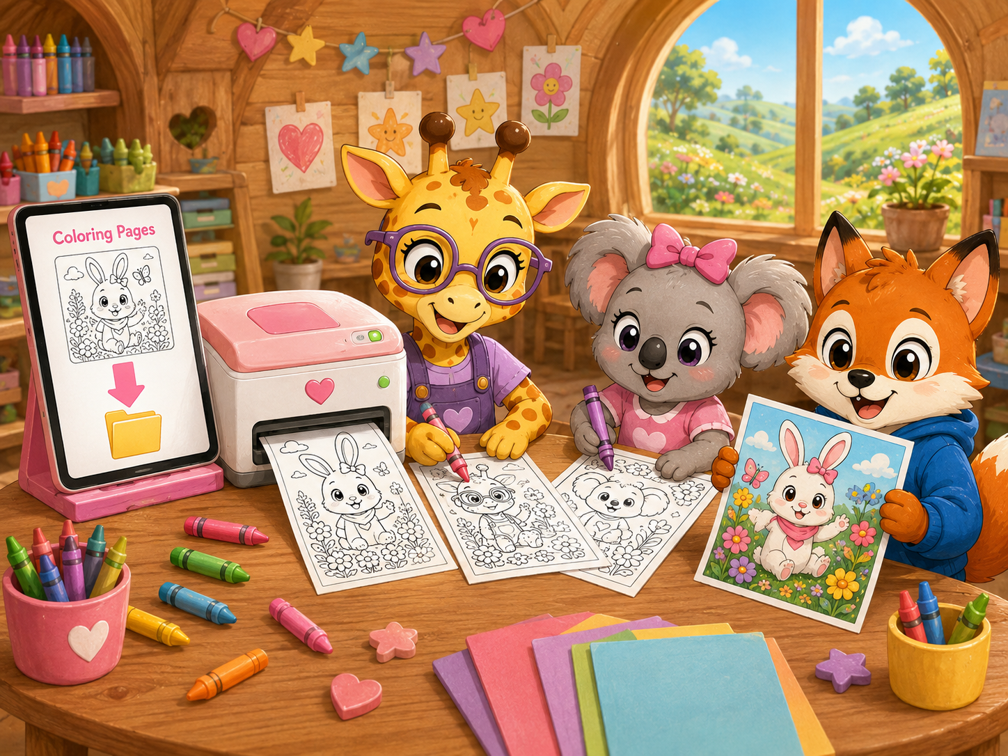 Friends creating with printable pages