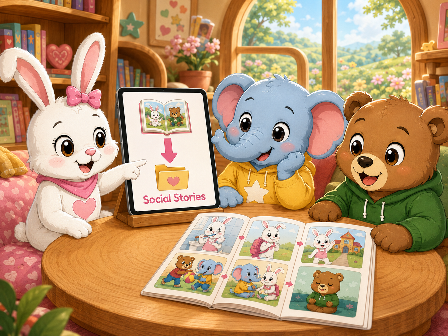 Pink Bunny, Ellie, and Benji presenting social stories and visual support systems