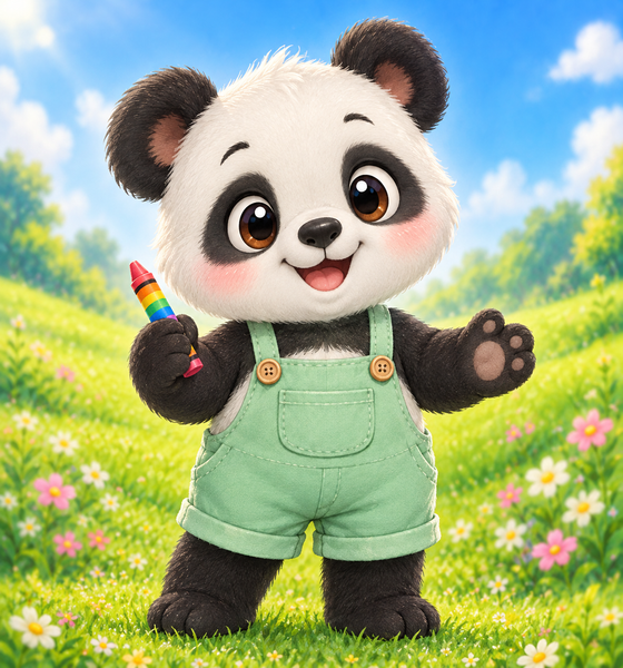 Poppy the panda holding a rainbow crayon