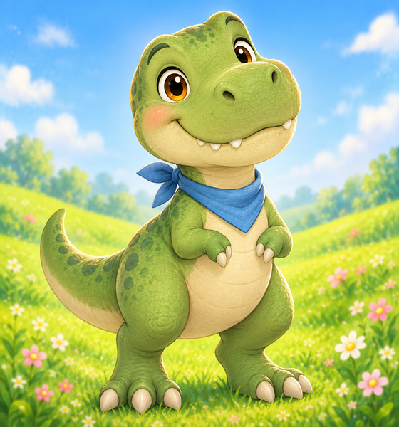 Rex the green Tyrannosaurus rex wearing a blue neckerchief
