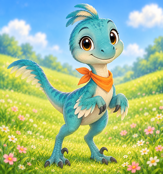 Rory the turquoise Velociraptor wearing an orange neckerchief