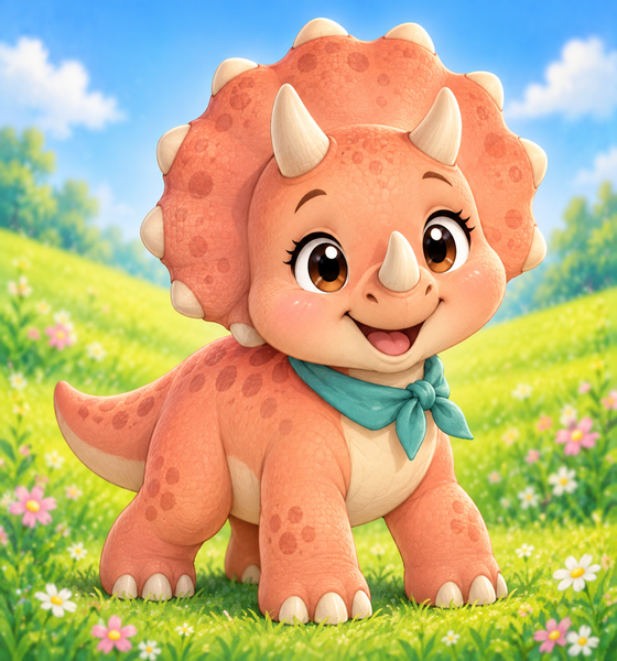 Trixie the coral Triceratops with three ivory horns
