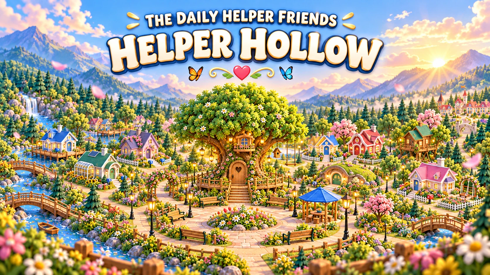 Helper Hollow in the sunshine, with colorful cottages, flower-lined paths, bridges, and Pink Bunny’s tree house beneath the mountains