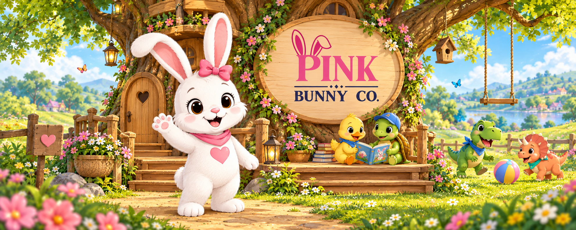 Pink Bunny welcoming visitors beside the Pink Bunny Co. treehouse sign, with Daisy, Toby, Rex, and Trixie playing nearby