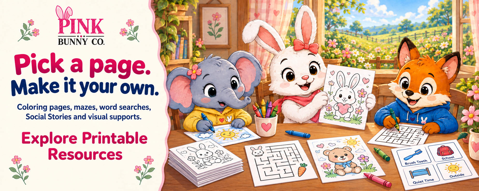 Pick a page. Make it your own. Explore Printable Resources: coloring pages, mazes, word searches, Social Stories and visual supports.